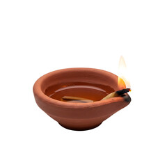 Traditional clay oil lamp with flame