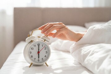 A person turning off alarm clock on the bed with sunlight