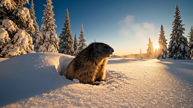 A curious marmot emerges from its snowy burrow in a pristine winter landscape during golden hour for awakening concept and the end of hibernation