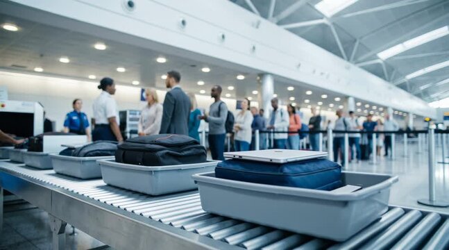 Waiting in line at the airport security checkpoint as travelers prepare for their flights with bags on the conveyor belt