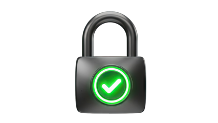 Silver padlock with glowing green checkmark icon