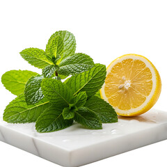 Fresh mint leaves and lemon slice on white marble