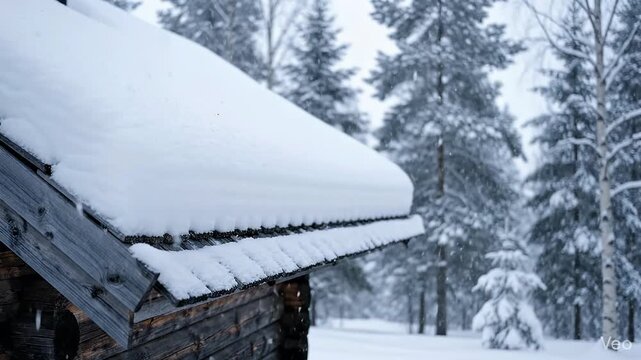 A serene, close-up view captures the rustic wooden roof of a charming cabin, generously adorned with a thick, soft blanket of fresh, pristine white snow. Gentle snowflakes continue to fall steadily, g