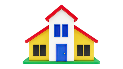 Stylized Yellow House with Red Roof and Blue Door