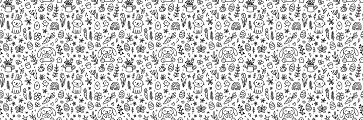 Easter pattern with cute bunnies, decorated eggs, and spring flowers. Seamless background illustration perfect for holiday cards, wallpaper, or festive textile designs.