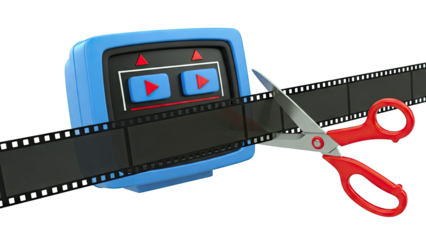Video Editing Concept: Scissors Cutting Film Strip with Player Interface