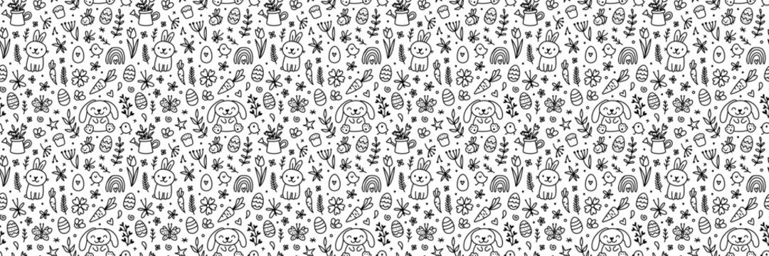Easter pattern with cute bunnies, decorated eggs, and spring flowers. Seamless background illustration perfect for holiday cards, wallpaper, or festive textile designs.