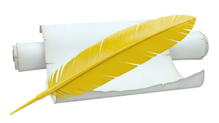Yellow Quill Pen on Parchment Scroll