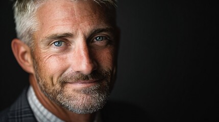 Obraz premium Close-up portrait of confident mature man with blue eyes and grey hair against dark background