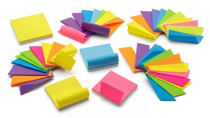 A collection of colorful sticky notes on a white background