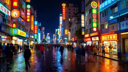 Crowded city street at night with neon signs