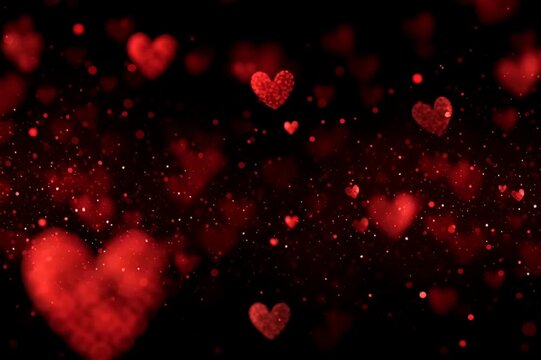 red glitter background with hearts for valentine's day, glowing red lights, and sparkling red particles on a black background Generative AI
