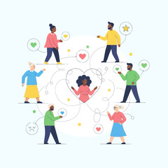 Diverse group connecting around a central figure, representing community and relationships