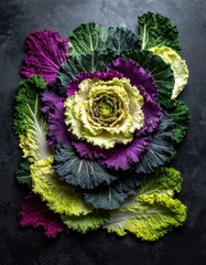 Obraz premium Vibrant Ornamental Cabbage Bloom Displaying Nature's Artistic Patterns and Organic Textures
