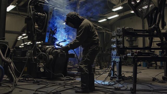 Industrial video scene of a welder at work, captured from a side angle. The dim lighting and sparks create a dramatic, gritty atmosphere.