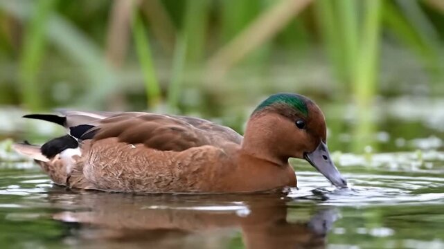 A brown duck with a green head patch swims calmly in a serene green pond