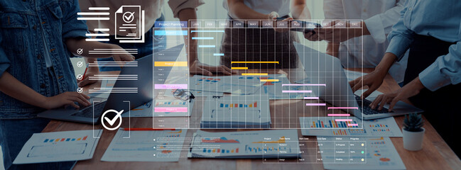 A project management dashboard for business. The interface features a Gantt chart to visualize the...