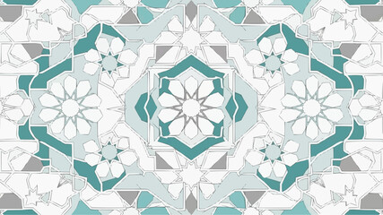 Intricate floral pattern with teal and white flowers.