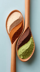 Colorful adaptogenic powder spiral on wooden spoons display for health and wellness