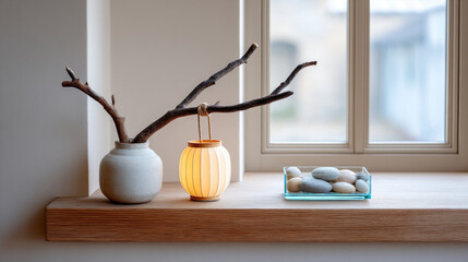 Minimalist alcove design featuring dried branch, paper lantern, and glass pebble bowl for serene home decor