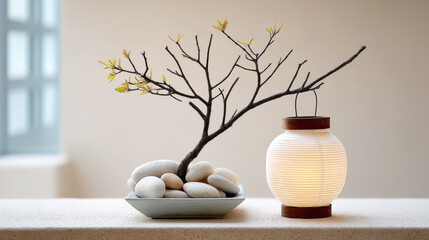 Minimalist indoor decor with dried branches and paper lantern for serene atmosphere