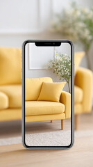 Augmented reality interface displaying sofa in modern living room design concept