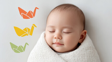 Peaceful baby sleeping on futon blanket with colorful origami cranes