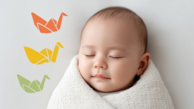 Peaceful baby sleeping on futon blanket with colorful origami cranes