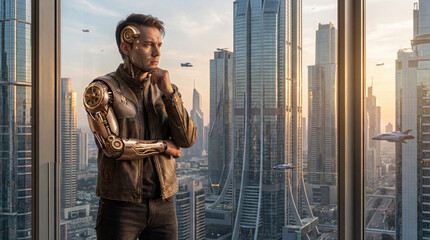 Artificial intelligence bionic human with mechanical components overlooking futuristic cityscape demonstrating technology integration advancement