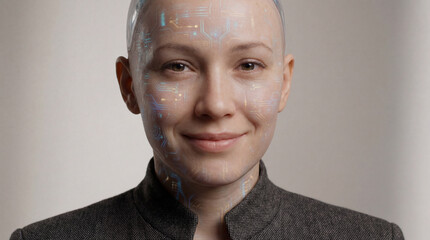 Artificial intelligence android face with glowing circuit patterns and realistic features demonstrating advanced robotics technology innovation