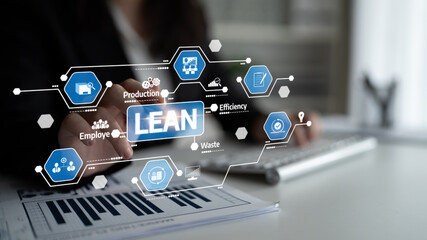 Business professional demonstrating lean management principles with digital icons representing...