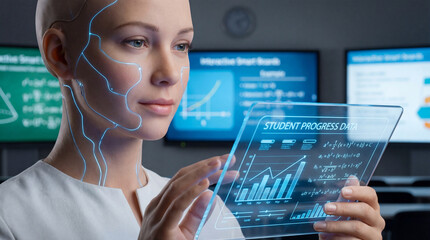 Artificial intelligence android educator with glowing circuits holding digital tablet demonstrating future classroom technology innovation