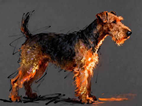 Minimalist abstract sketch series : Airedale Terrier, with iridescent orange-gold effect portrait of a canine pet in gray cardstock 007