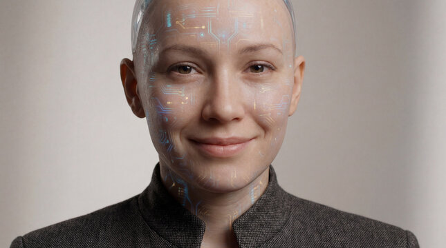 Artificial intelligence android face with glowing circuit patterns and realistic features demonstrating advanced robotics technology innovation