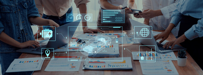 A dynamic work environment showcasing a collaborative team using digital tools for data analysis, fostering innovation and effective communication in business strategy. Trope