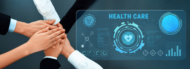 This image showcases a group of diverse hands coming together, symbolizing teamwork and collaboration, with a futuristic digital interface focused on health care and technology integration. Trope