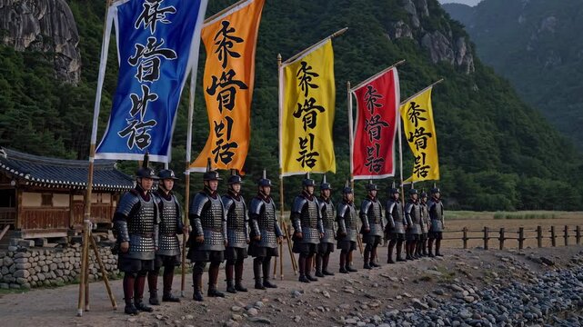 Wide-angle video shot of soldiers in armor with colorful flags, set against a mountainous landscape, evoking a historical and epic style.