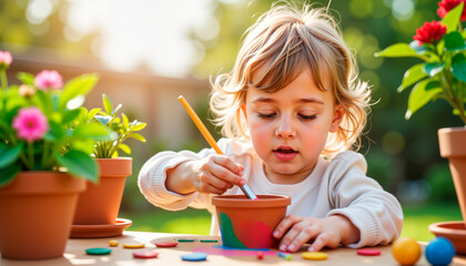 Young child painting terracotta flower pots outdoors in sunny garden  