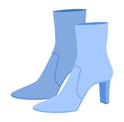 Blue seamed block heel ankle boot women color pair. Stitched detail with chunky sole elegance, luxury refined look. Technical fashion illustration CAD mockup vector men unisex isolated modern style