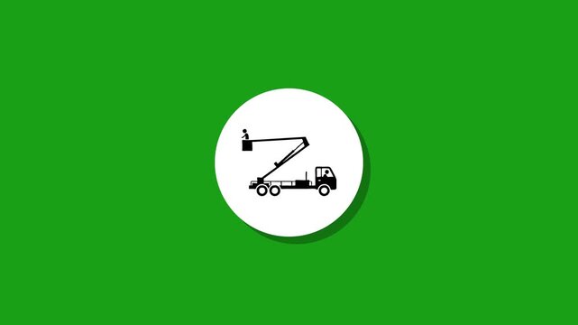 A motion graphic of a white circle on a green screen revealing a black silhouette of a cherry picker truck with an operator in a basket