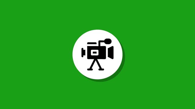 Flat animation of professional video camera icon on tripod within white circle over green background