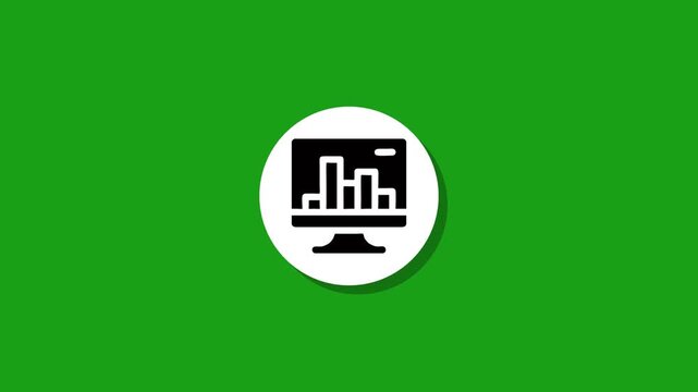 Flat animation of monitor with bar chart icon appearing on green background for business presentation and data analysis