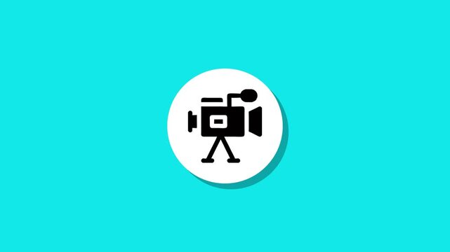 Flat design animation of vintage video camera icon appearing on bright cyan background