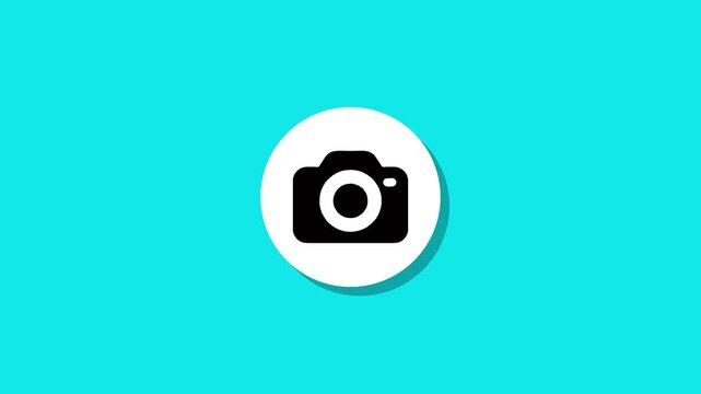 Minimalist camera icon animation on turquoise background with white circle reveal and smooth motion