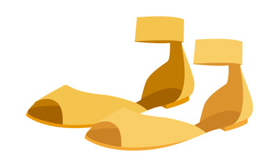 Yellow ankle strap sandal shoe women flat pair. Closed heel flat sandal for city stroll seaside evening. Technical fashion illustration CAD mockup soft vector man unisex isolated contemporary style.