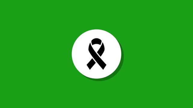 Black awareness ribbon animation on green background with long shadow effect symbolizing mourning and support