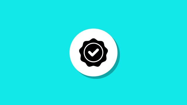 Animated verification badge icon appearing on a cyan background flat design concept motion graphics clip