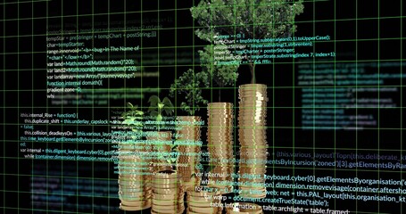 Displaying stacked gold coin columns growing green saplings on glossy floor, with green grid code
