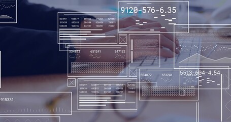Typing mid adult female hands in dark jacket pressing laptop keys at desk, showing HUD overlays