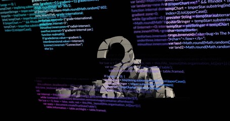 Glowing fractured circular stone sculpture sitting on platform in dark studio, with neon cyan code